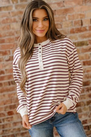 Red Dahlia Striped Print Drop Shoulder Long Sleeve Henley Top - Image 13