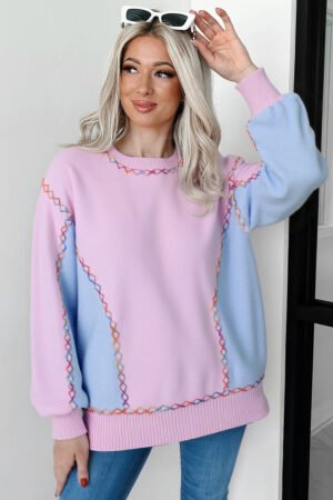 Orchid Bouquet Rainbow Stitching Balloon Sleeve Relaxed Sweater - Image 3