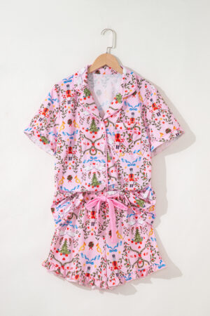 Pink Nutcracker Doll Christmas Print Ribbon Tie Waist Short 2pcs Pajama Set - Image 7