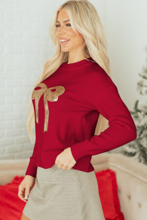 Fiery Red Sequined Bow Graphic Christmas Holiday Sweater - Image 7