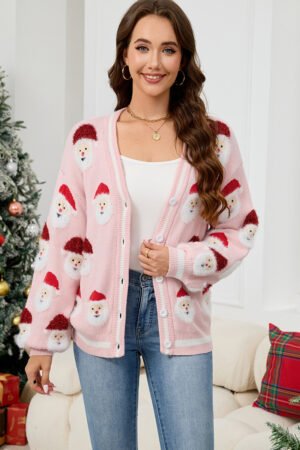 Pink Christmas Santa Claus Pattern Button V Neck Sweater Cardigan - Image 4