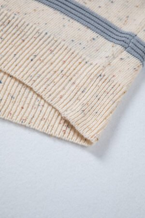 Beige Stripe Exposed Seam Drop Shoulder Heathered Knit Sweater - Image 9