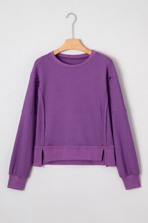 Orchid Mist Solid Color Raw Seam Patchwork Ribbed Drop Shoulder Sweatshirt