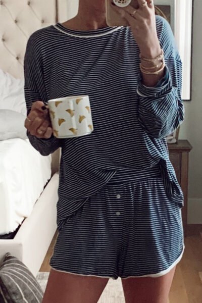 Blue Stripe Drop Shoulder Round Neck Long Sleeve Tee and Buttoned Shorts 2pcs Lounge Set