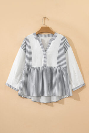 Gray Stripe Half Button Gauze Patchwork Bracelet Sleeve Babydoll Blouse - Image 5