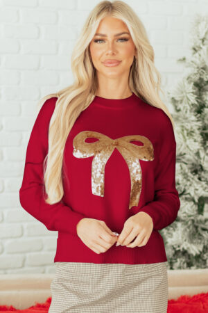Fiery Red Sequined Bow Graphic Christmas Holiday Sweater - Image 5