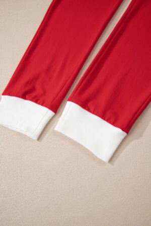 Fiery Red Contrast Trim Button V Neck Ribbon Bow Knot Waist 2pcs Lounge Pant Set - Image 14