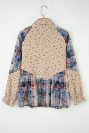 Ashleigh Blue Boho Floral Plaid Patchwork Distressed Detail Ruffled Sleeve Waffle Knit Shacket - Image 6