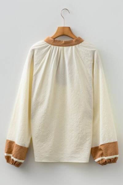 Alternative view of Jet Stream Color Block Patchwork Detail V Neck Textured Long Sleeve Blouse