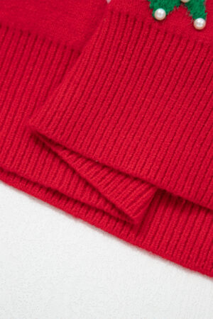 Fiery Red Bow Pearl Embellished Christmas Holiday Sweater - Image 8