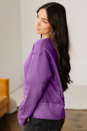 Orchid Mist Solid Color Raw Seam Patchwork Ribbed Drop Shoulder Sweatshirt - Image 14