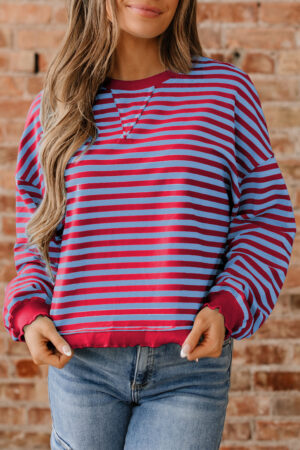 Red Stripe Exposed Seam Contrast Ribbed Trim Oversize Sweatshirt - Image 13