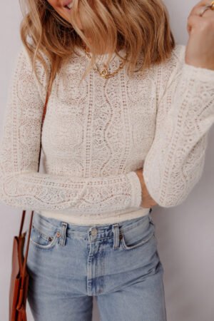Jet Stream Semi Sheer Lace Long Sleeve Cropped Top - Image 6