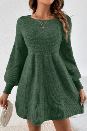Mist Green Solid Lantern Sleeve Empire Waist Short Sweater Dress - Image 3