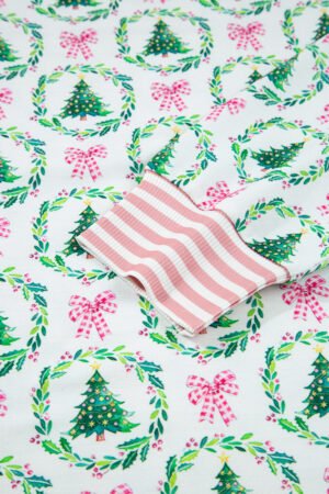 Green Bow Christmas Tree Print Contrast Striped Banding 2pcs Lounge Set - Image 5