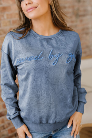Real Teal saved by grace Letter Embroidery Mineral Wash Loose Sweatshirt - Image 18