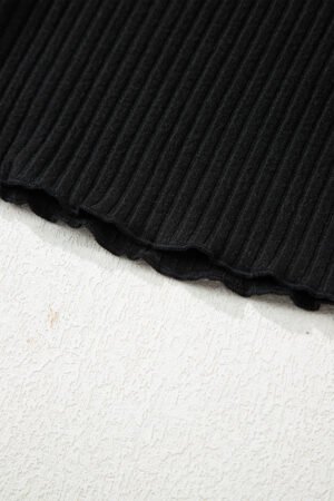 Black Lace Neckline Button Decor Lettuce Edge Long Sleeve Ribbed Top - Image 11
