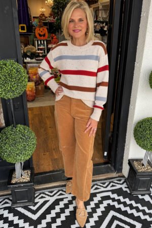 Beige Stripe Exposed Seam Drop Shoulder Heathered Knit Sweater - Image 2