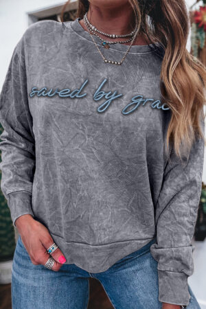 High-rise saved by grace Letter Embroidery Mineral Wash Loose Sweatshirt - Image 3