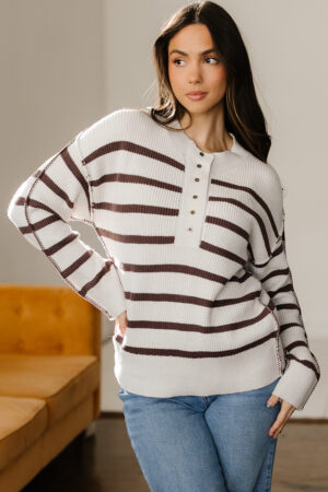 Brown Stripe Ribbed Henley Drop Shoulder Slouchy Sweater - Image 17