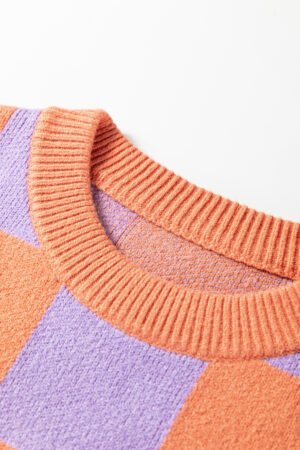 Grapefruit Orange Checkered Pattern Ribbed Trim Knit Baggy Sweater - Image 8