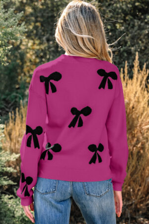 Alternative view of Bright Pink Pearl Embellished Bow Pattern Loose Sweater