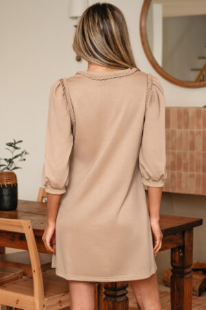 Light French Beige Braided Trim Puff Sleeve Dress - Image 10
