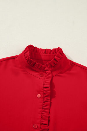 Fiery Red Frilled Trim Button Up Pleated Long Sleeve Shirt - Image 11