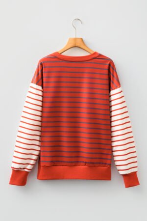 Orange Stripe Contrast Sleeve Patchwork Drop Shoulder Long Sleeve Sweatshirt - Image 9