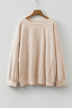 Beige Flower Patched Mineral Wash Round Neck Plus Size Top - Image 10