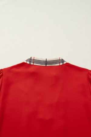 Racing Red Contrast Plaid Patchwork V Neck Long Sleeve Blouse - Image 5
