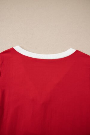 Fiery Red Contrast Trim Button V Neck Ribbon Bow Knot Waist 2pcs Lounge Pant Set - Image 8