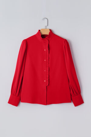 Fiery Red Frilled Trim Button Up Pleated Long Sleeve Shirt - Image 9