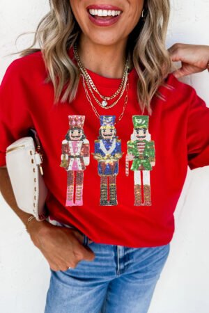 Red Sequined Christmas Nutcracker-man Graphic Cuffed Short Sleeve T Shirt