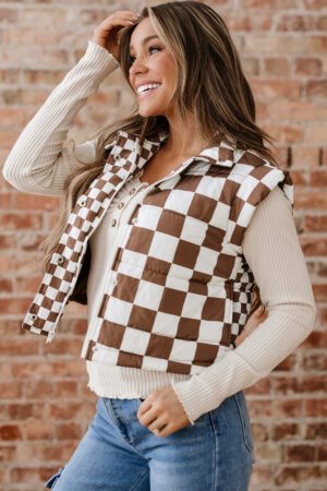 Brown Double Checked Stand Collar Cropped Puffer Vest - Image 13