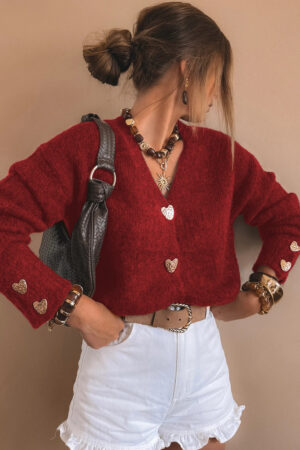 Fiery Red Heart Metal Button V Neck Cardigan Sweater - Image 9