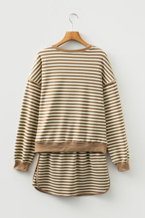 Brown Stripe Textured Drop Shoulder Pullover Top Drawstring Mini Skirt Two Piece Dress Set - Image 13
