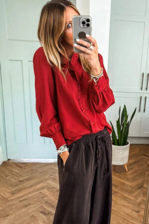 Fiery Red Frilled Trim Button Up Pleated Long Sleeve Shirt - Image 7