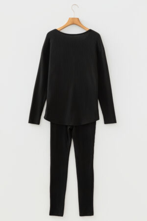 Black Ribbed Notched Neck Knit Long Sleeve Leggings Two Pieces Lounge Set - Image 8