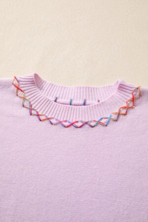 Orchid Bouquet Rainbow Stitching Balloon Sleeve Relaxed Sweater - Image 7