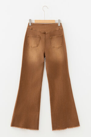 Coffee High Waist Button Fly Seamed Raw Hem Flare Jeans - Image 4