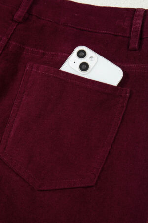 Burgundy Corduroy Solid Color High Waist Wide Leg Pants - Image 12