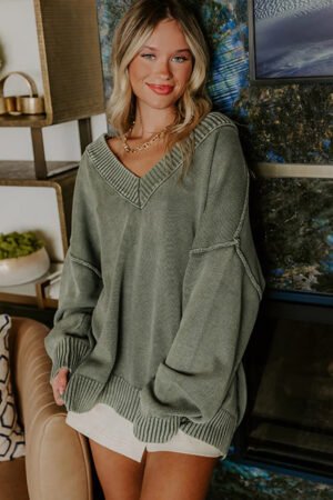 Four Leaf Clover Mineral Wash V Neck Knit Exposed Seam Drop Shoulder Loose Sweater - Image 3