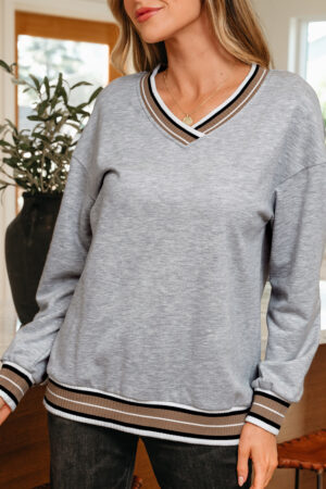 Gray Varsity Contrast Striped Trim V Neck Sweatshirt - Image 16