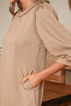 Light French Beige Braided Trim Puff Sleeve Dress - Image 16