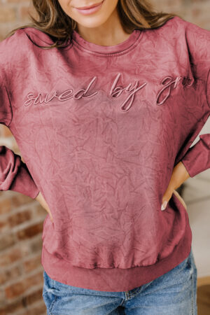 Mineral Red saved by grace Letter Embroidery Mineral Wash Loose Sweatshirt - Image 16