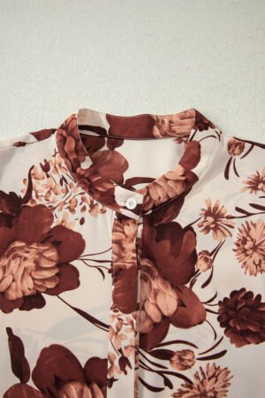 Brown Floral Print Button Down Poet Sleeve Shirt - Image 7