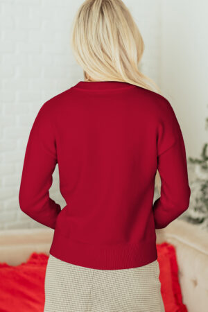 Fiery Red Sequined Bow Graphic Christmas Holiday Sweater - Image 6