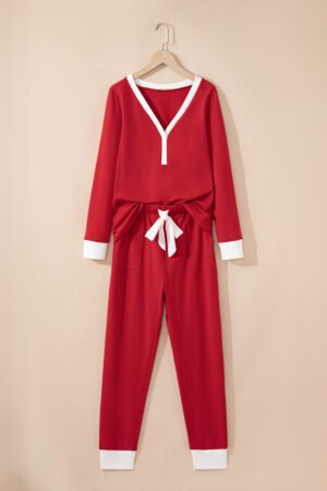 Fiery Red Contrast Trim Button V Neck Ribbon Bow Knot Waist 2pcs Lounge Pant Set - Image 3