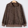 Brown Leopard Print Quarter Zip Corduroy Sweatshirt